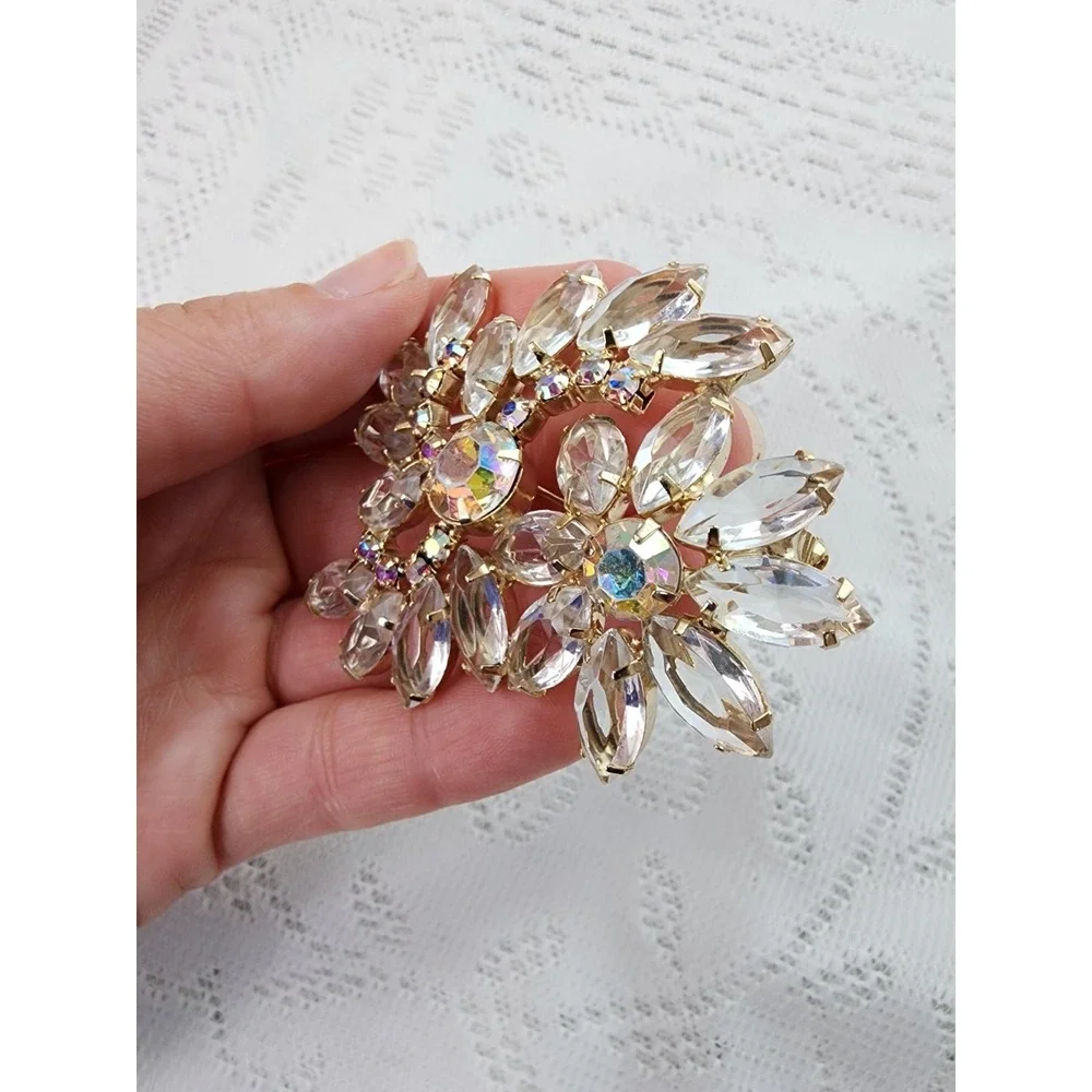 Vintage Mid Century Brooch Pin Floral Spray Rhinestone Sparkly Glam Statement